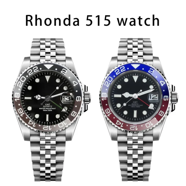 Tandorio Watches Quartz GMT Submariner Ronda 515 24H Movement Ceramic Sapphire Glass 10Bar