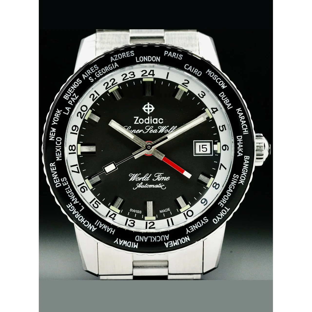 Zodiac Super Sea Wolf World Time GMT Black 210000075402 40 mm kol saati