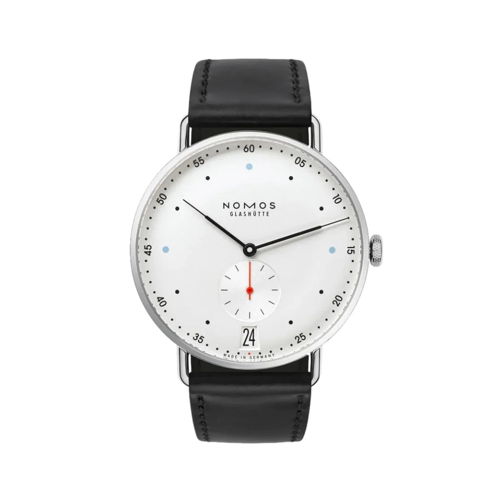 NOMOS Glashütte Metro Date 38mm - White Silver-Plated on Leather Strap 1102 38 mm kol saati