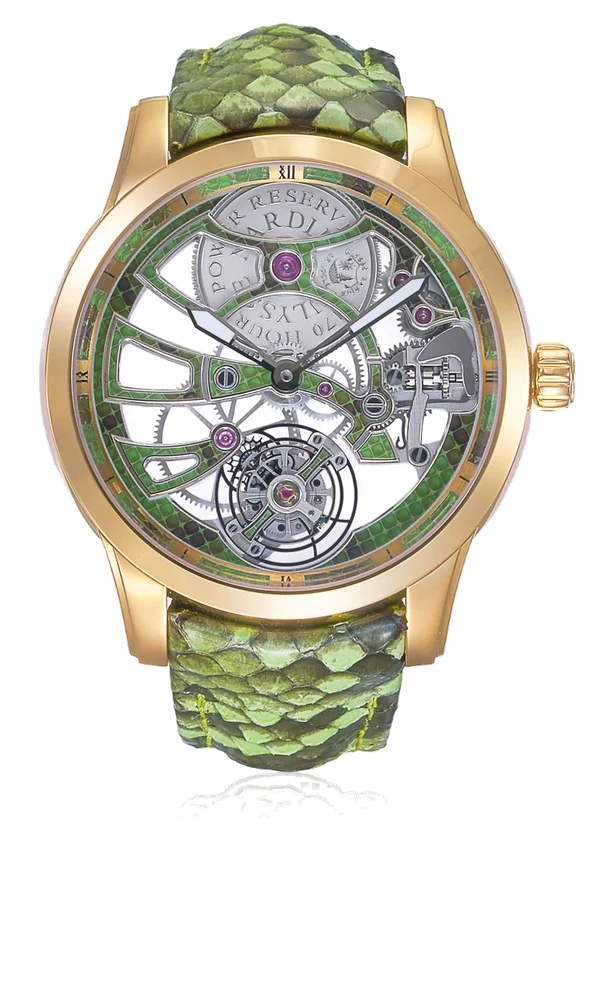 Ulysse Nardin Ref. 1706-129/08, skeleton tourbillon; “Royal Python Skeleton Tourbillon”; limited edition of 18 pieces; 18K pink gold kol saati