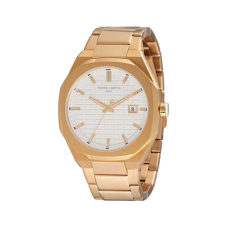 Pierre Cardin Maison 8 Checkers Men’s 42mm Gold Stainless Steel Watch - Silver White Checkered Dial with Metal Strap CF.1000.MG 42 mm kol saati
