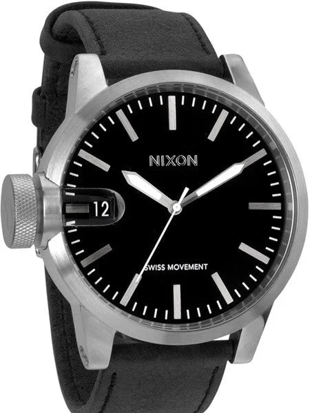 Nixon Chronicle Black Dial Swiss Quartz Watch with Oversize Left Crown #A127-000 kol saati