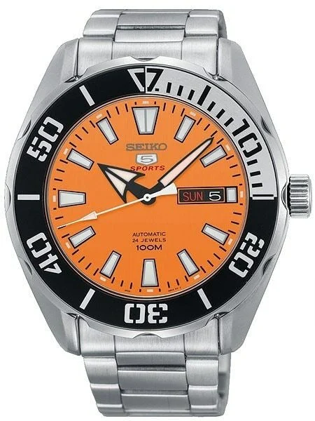 Seiko Scratch and Dent - 5 Sports Automatic 24-Jewel Watch with Orange Dial and SS Bracele