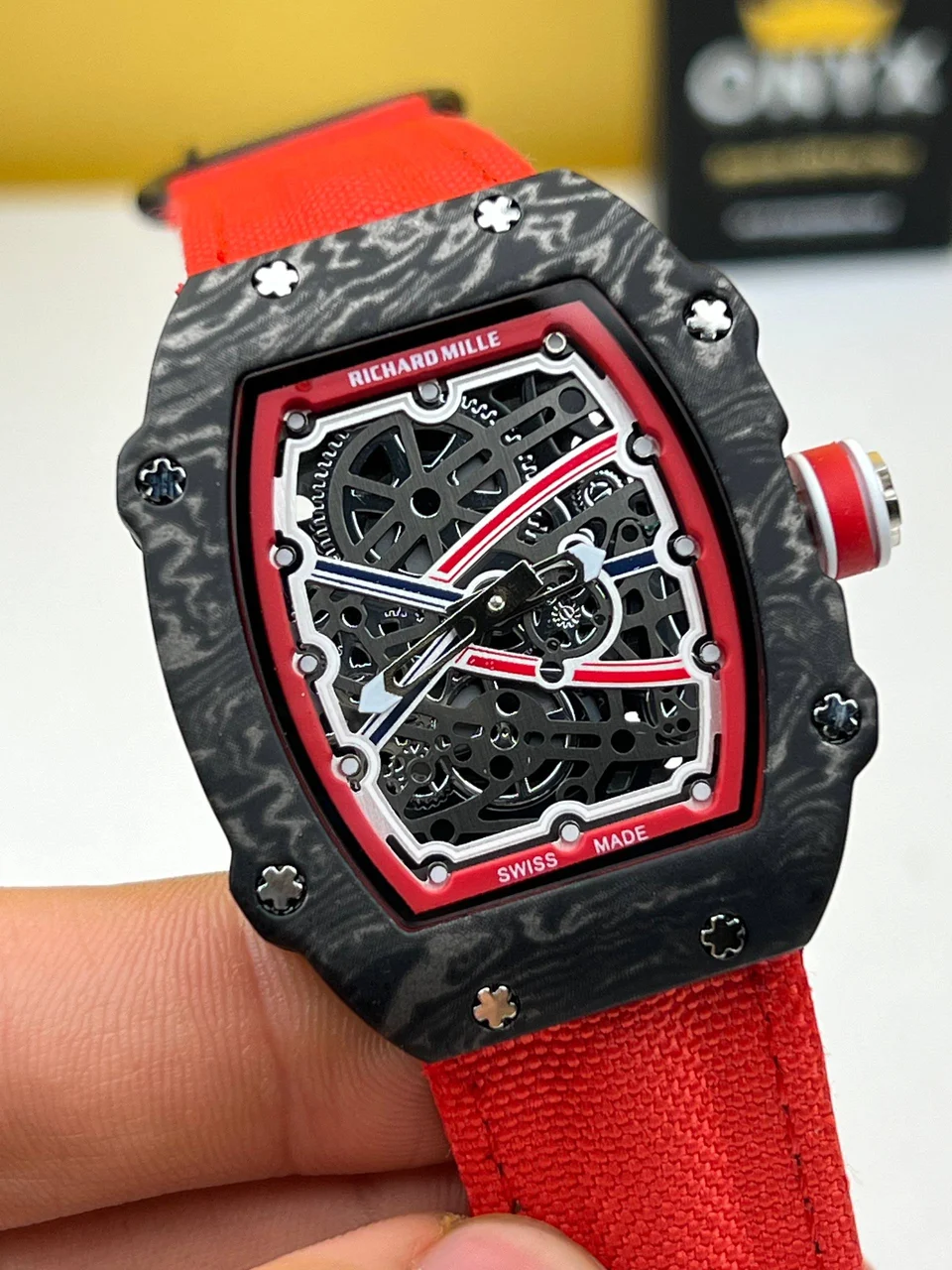 Richard Mille Black in Red Strap Skeletonized Dial Richard Mille RM 67-02 Black in Red Strap Skeletonized Dial 47 mm kol saati