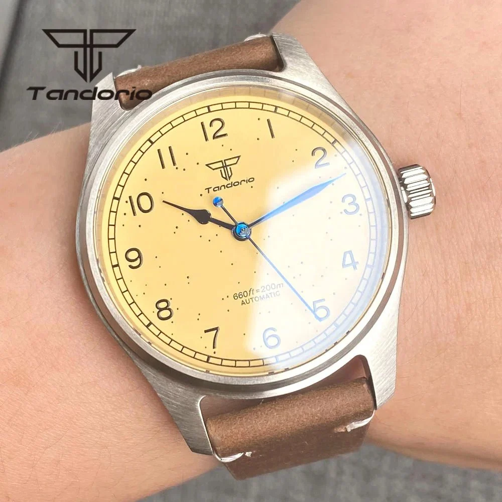 Tandorio Watches Tandorio Vintage 39mm 200M Pilot Watch NH35A PT5000 Yellow Dial Sapphire TD106 14:100013777#sterile dial-strap 2;5:56964930#Seiko NH35A movement 39 mm kol saati