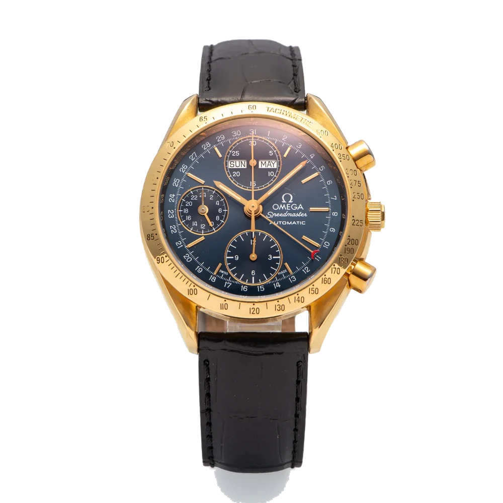 OMEGA OMEGA REF. 175.00.44, SELF-WINDING, CHRONOGRAPH, MINUTE AND HOUR COUNTERS, DATE, DAY, AM-PM INDICATION, BLUE DIAL; “SPEEDMASTER AUTOMATIC”; STAINLESS STEEL kol saati