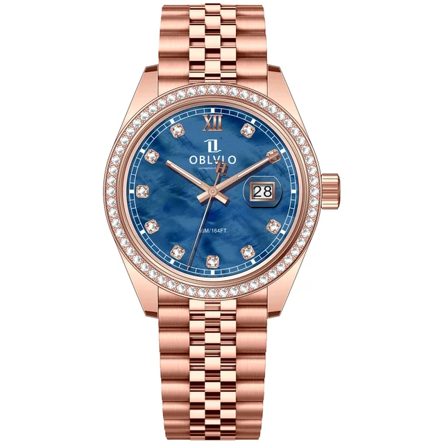 OBLVLO bezel,Rose Gold Steel Strap ,Blue Dia RX Series,39mm,diamond bezel,Rose Gold Steel