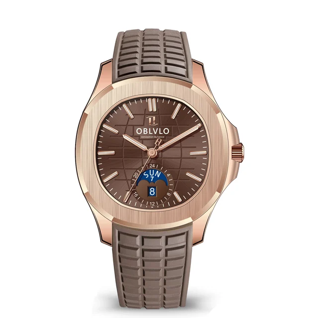 OBLVLO Rubber Strap,Rose Gold Bezel,Brown Dial FM Series,39mm,Brown Rubber Strap,Rose Gold