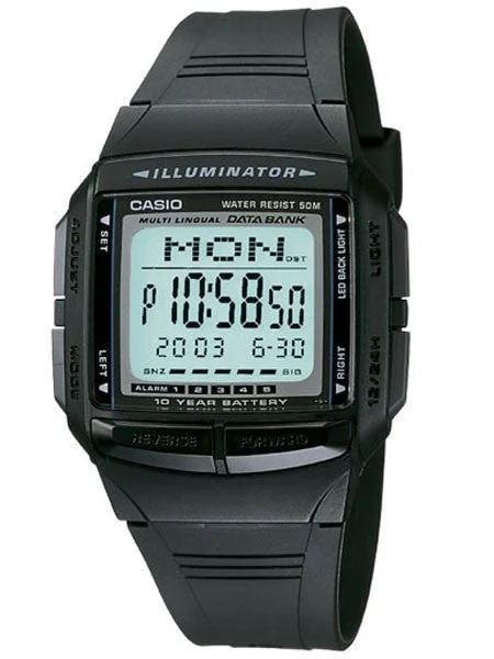 Casio Multi-Liningual Watch with Alarm, Dual Time, Databank and Chronograph #DB-36-1A kol saati