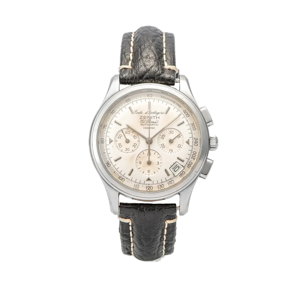Zenith – Horological School of Porrentruy Ref. 90/01 0500400, self-winding, chronograph, minute and hour counters, date; “El Primero”, “Ecole d’Horlogerie, Porrentruy”; stainless steel kol saati