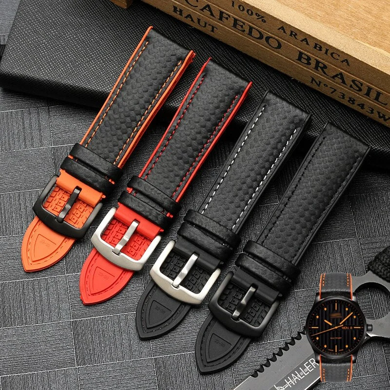 Watchdives Carbon Fiber Pattern Rubber Watch Band 8056-全黑-20-银针 kol saati