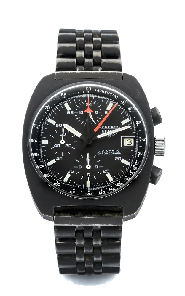 Heuer HEUER, REF. 510.511, CARRERA A fine, black-coated stainless steel self-winding chronograph wristwatch with date. kol saati