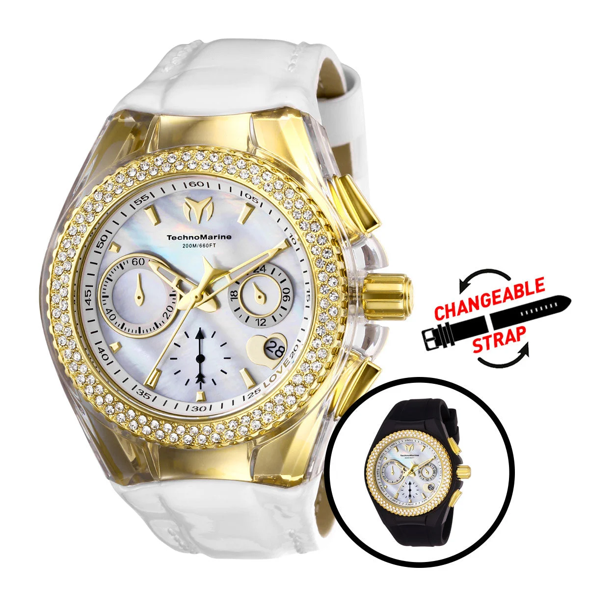 Invicta TechnoMarine Cruise Valentine Watch - 40mm, White, Black with Interchangeable Strap (TM-117046) 40 mm kol saati
