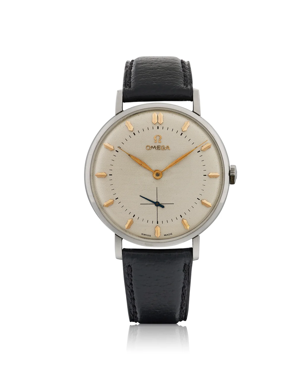 OMEGA Ref. 2808-1, large, silver guilloché (engine-turned) dial; so-called “Jumbo”; stainless steel kol saati