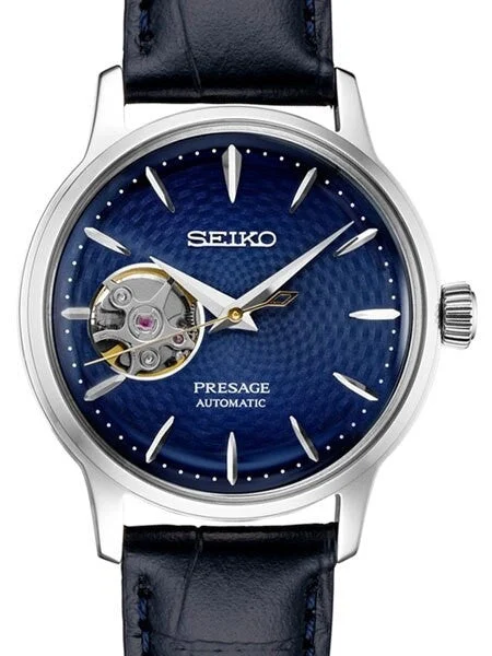 Seiko Presage Blue Automatic Dress Watch with Open Heart #SSA785 kol saati