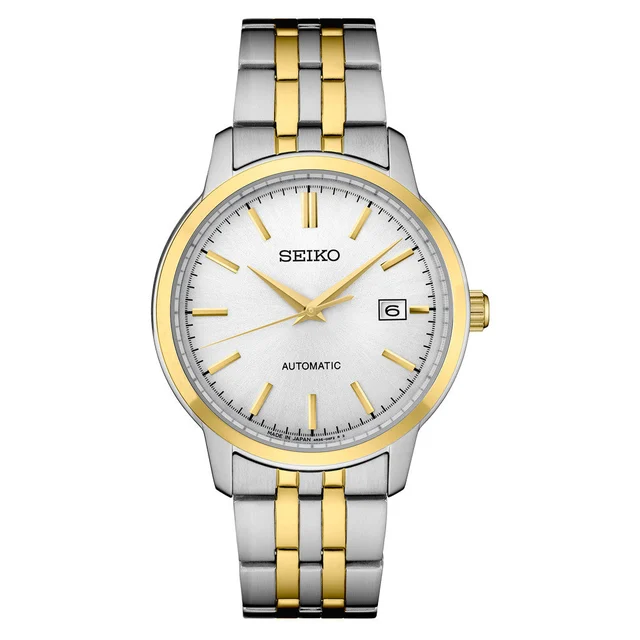 Seiko Essentials Automatic Dress Watch with White Sunray Dial and Two-Tone Case and Bracel