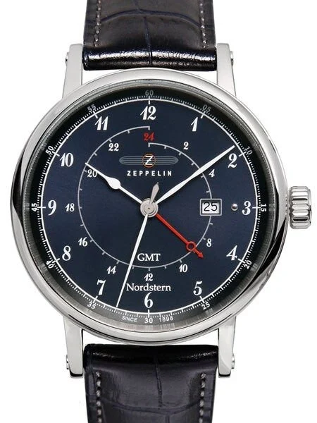 Graf Zeppelin Nordstern Series Swiss Quartz GMT Watch with Coin-Edge Case #7546-3 kol saati