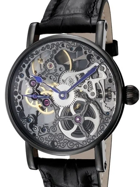 Rougois Hand Wind Decorated Skeleton Movement Watch with Black PVD Case #RS10003 kol saati