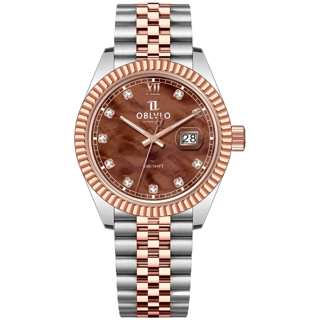 OBLVLO Gold Steel Strap ,Brown Dial RX-PE-TOPS RX Series,39mm,Rose Gold Steel Strap ,Brown