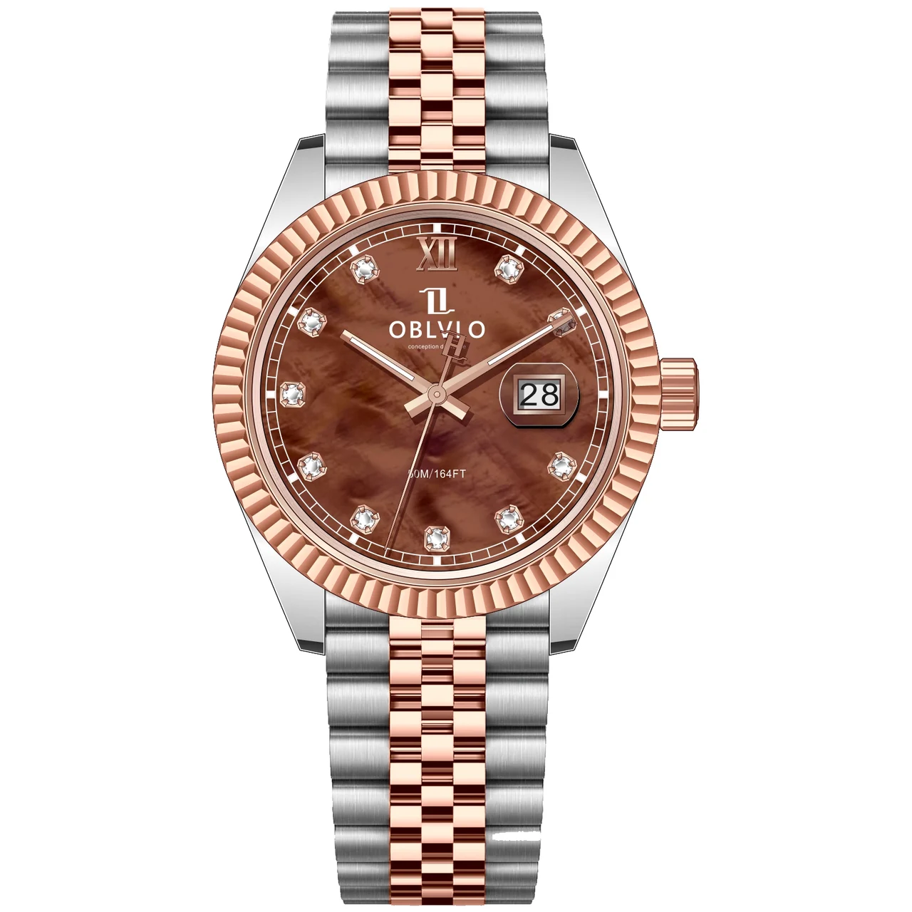 OBLVLO Gold Steel Strap ,Brown Dial RX-PE-TOPS RX Series,39mm,Rose Gold Steel Strap ,Brown Dial RX-PE-TOPS 39 mm kol saati