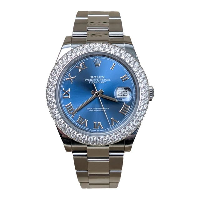 Rolex Blue Roman Dial Aftermarket Diamond Bezel Rolex 126300 41mm Blue Roman Dial Aftermar