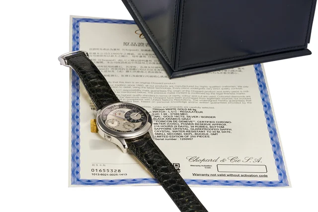 Chopard Ref. 16-1874-WLG, 8-day going, regulator-type dial, date, AM-PM indication, power-
