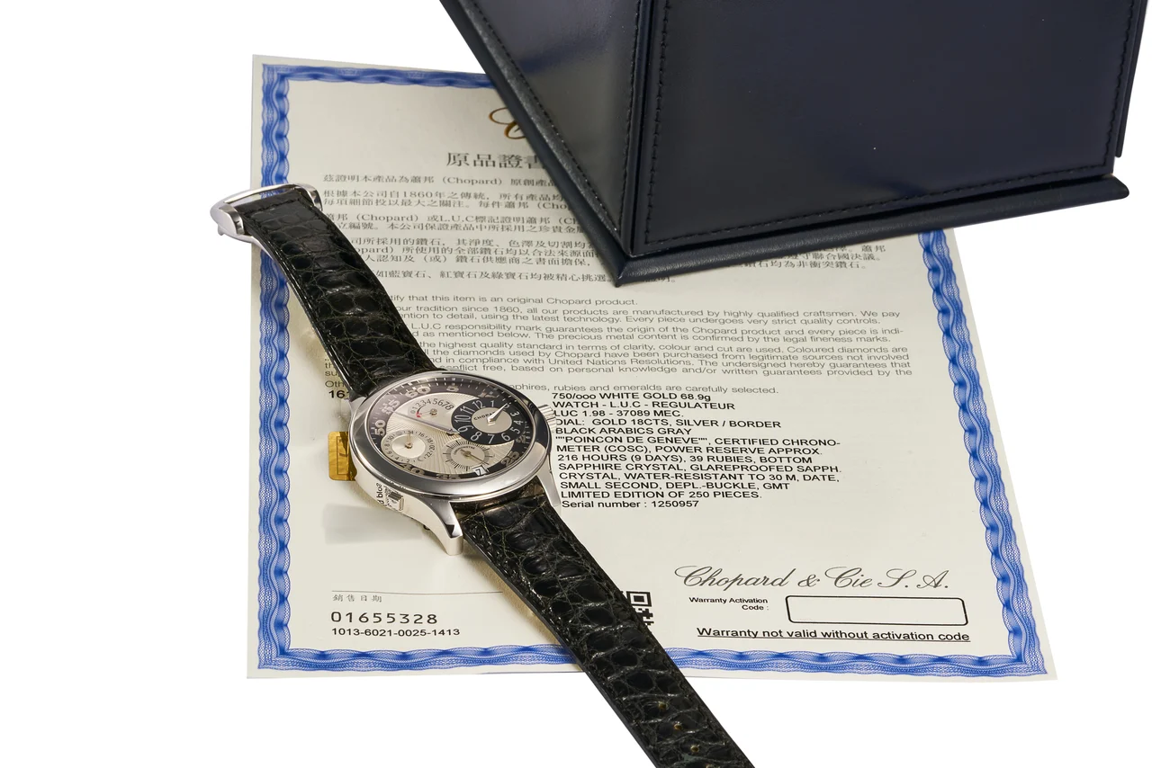 Chopard Ref. 16-1874-WLG, 8-day going, regulator-type dial, date, AM-PM indication, power-reserve; “L.U.C. Régulateur”; limited edition of 250 pieces; 18K white gold (“ ”) kol saati