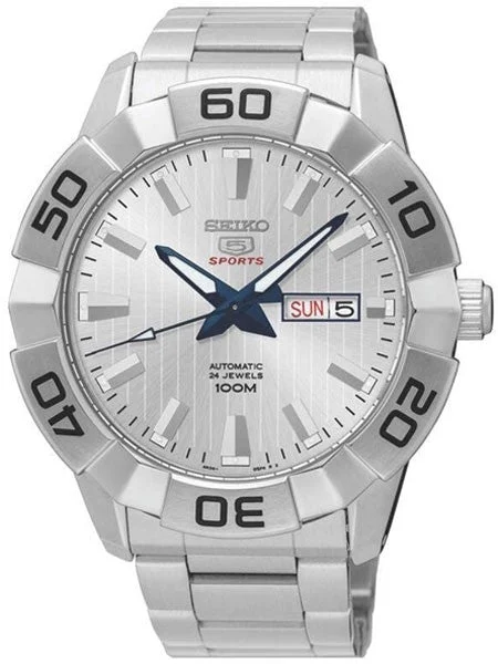 Seiko Sports 5 Automatic 24-Jewel Watch with Pinstriped Silver Dial #SRPA49K1 kol saati