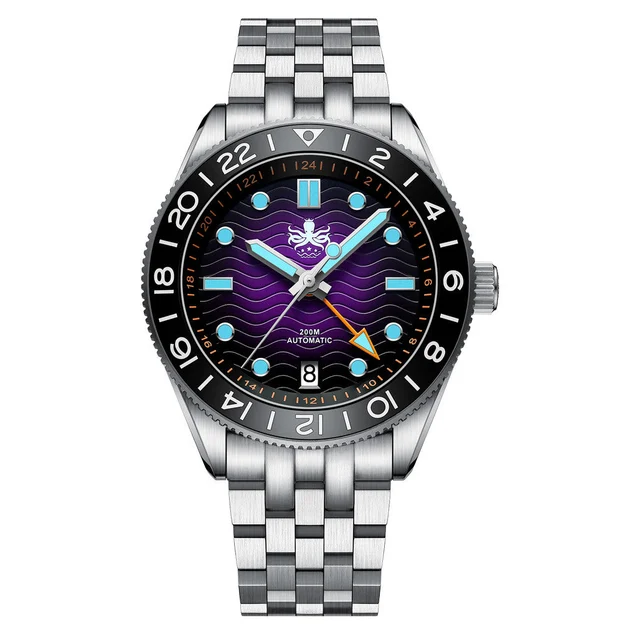 Phoibos Wave Master GMT Automatic Watch with Purple Dial #PY049H kol saati