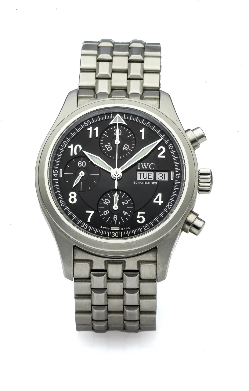 Iwc Der Flieger Chronograph IWC DER FLIEGER CHRONOGRAPH REF. 3706 STEEL Very fine, self-winding, stainless steel wristwatch with chronograph and day & date. kol saati
