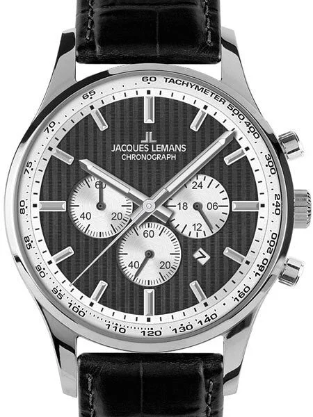 Jacques Lemans London 44MM Chronograph with Black Striped Dial #1-1735E 44 mm kol saati