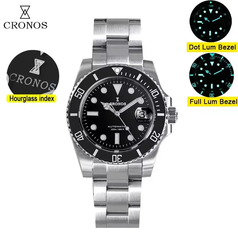 Cronos Watch Store Cronos 2.5x Sub Diver NH35 Dive Watch L6015 with Calendar 克诺时-L6015-NH35-带日历-黑色-普光 47.8 mm kol saati