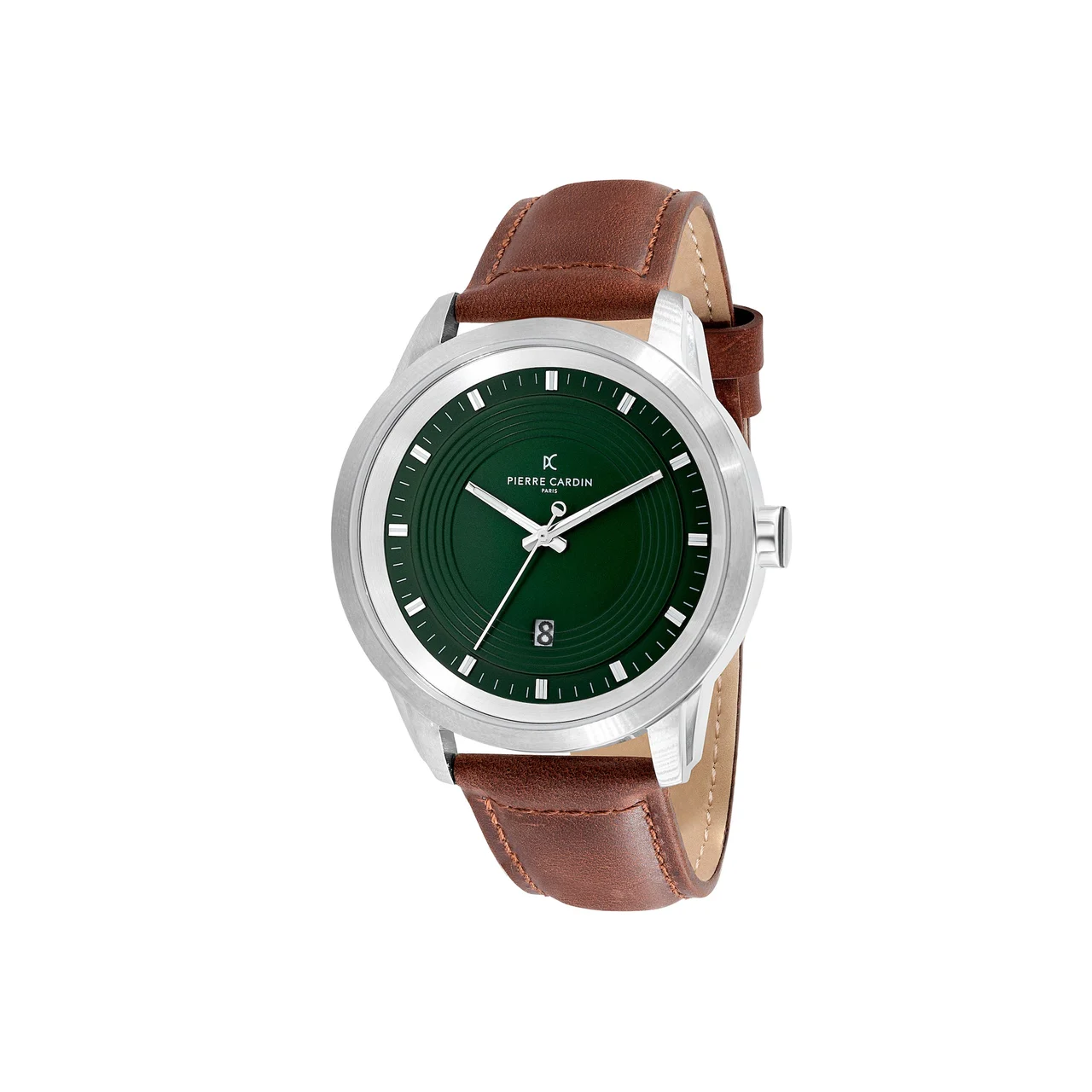 LES HALLES Green Dial Silver Watch with Brown Leather Strap CCP.5027 45 mm kol saati
