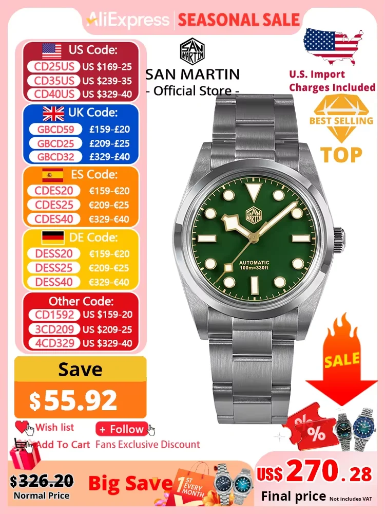 San Martin Vintage 36mm BB36 Explore Climbing Series Luxury 36 mm kol saati