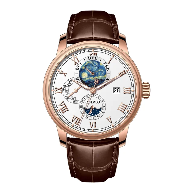 OBLVLO Leather Strap ,Whtie Dial AM-FG-PWWL AM Series,42mm,Brown Leather Strap ,Whtie Dial