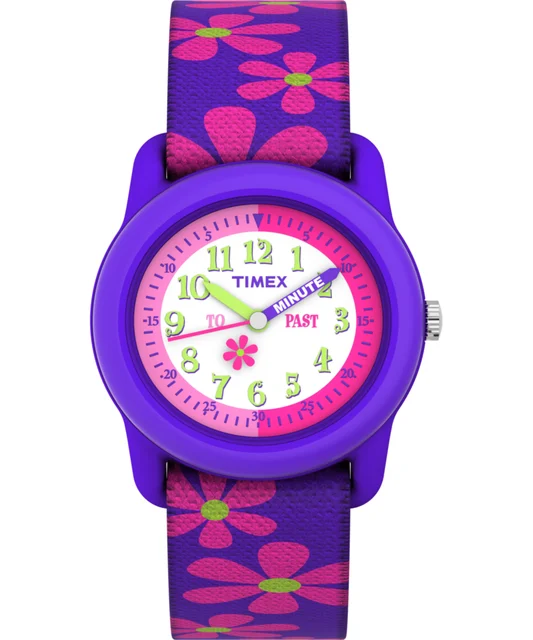 Timex TIME MACHINES® 29mm Purple Floral Elastic Fabric Kids Watch T89022 kol saati
