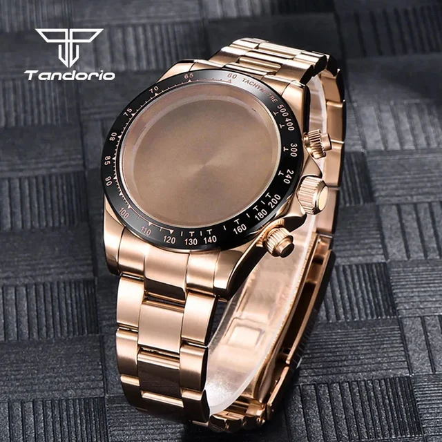 Tandorio Quartz Watch Case+Watchband Sapphire Glass Fit VK63 VK64 Movt Multi-Functional Ch