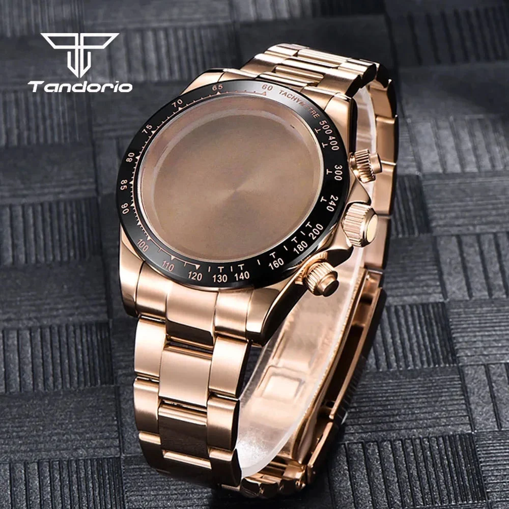 Tandorio Watches Quartz Watch Case+Watchband Sapphire Glass Fit VK63 VK64 Movt Multi-Functional Chronograph Men Accessories Parts 1005010178862222-silver bracelet 39 mm kol saati