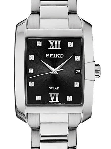 Seiko Solar Watch with Stainless Steel Case and Nine Diamonds on the Dial #SNE461 kol saat