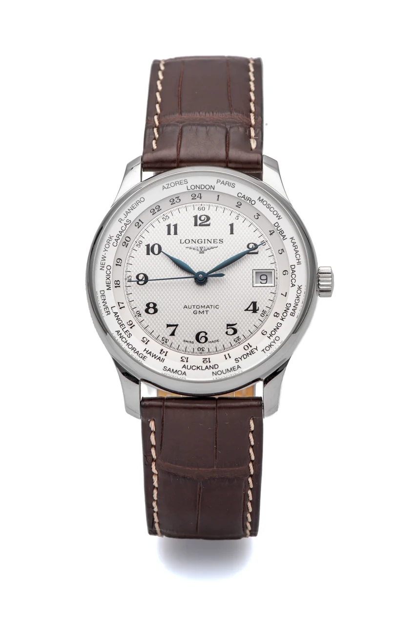 Longines Ref. L2.631.4, self-winding, centre-seconds, date, two-time zone, World Time; “Master Collection”; stainless steel kol saati