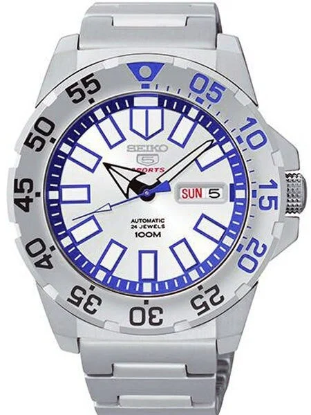 Seiko Scratch and Dent - 43mm Sports 5 Automatic 24-Jewel Watch with Silver Dial and Blue Accents #SRP481K1 2 SND660 43 mm kol saati