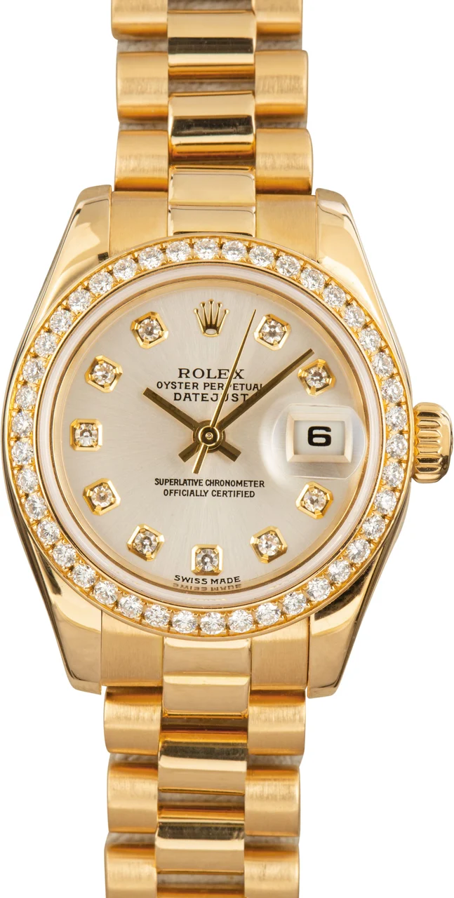 Rolex Ref. 179138, self-winding, ’s, centre-seconds, date, diamond-set dial and diamond-set bezel; “Datejust”; 18K yellow gold and diamonds 26 mm kol saati