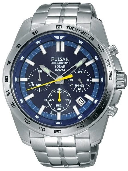Pulsar Solar Quartz Chronograph Watch with Stopwatch and 24-Hour Sub-Dial #PZ5001 kol saat