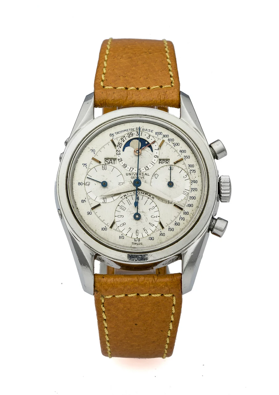 Universal Geneve Tri-Compax UNIVERSAL GENEVE TRI-COMPAX REF. 222100/1 CHRONOGRAPH TRIPLE CALENDAR STEEL Fine, manual-winding, stainless steel wristwatch with chronograph and triple-calendar. kol saati