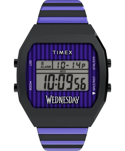 Timex Wednesday T80 36mm Stainless Steel Black and Purple Expansion Band Watch TW2Y19500 k