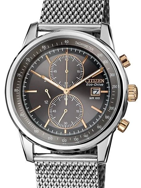 Citizen Eco-drive Chronograph Watch with Stainless Steel Mesh Bracelet #CA0336-52H 42 mm kol saati