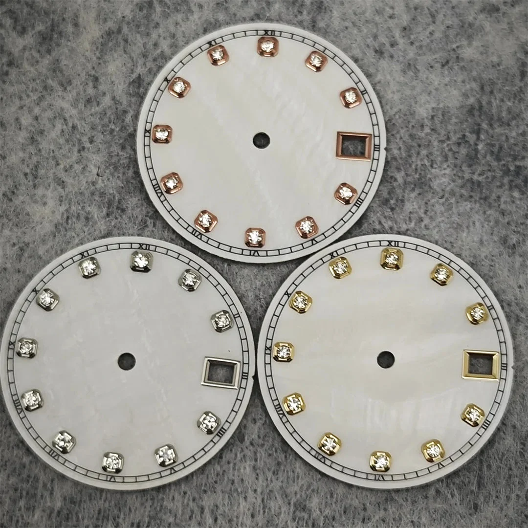Tandorio Watch Dial Watch Hands 28.5mm Diamond Inlaid Shell of Pearl Pattern Surface Watch Accessories for NH35/NH36 Movement 14:201447598#shell-Rose nail 28.5 mm kol saati