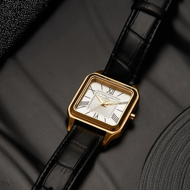 Ménilmontant Carré Men’s Square Watch - Gold Case, Silver Dial with Black Leather Strap CF