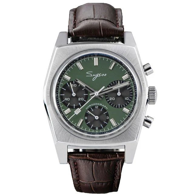 Sugess Chrono Heritage S419 Chronograph Green Dial Leather Strap kol saati