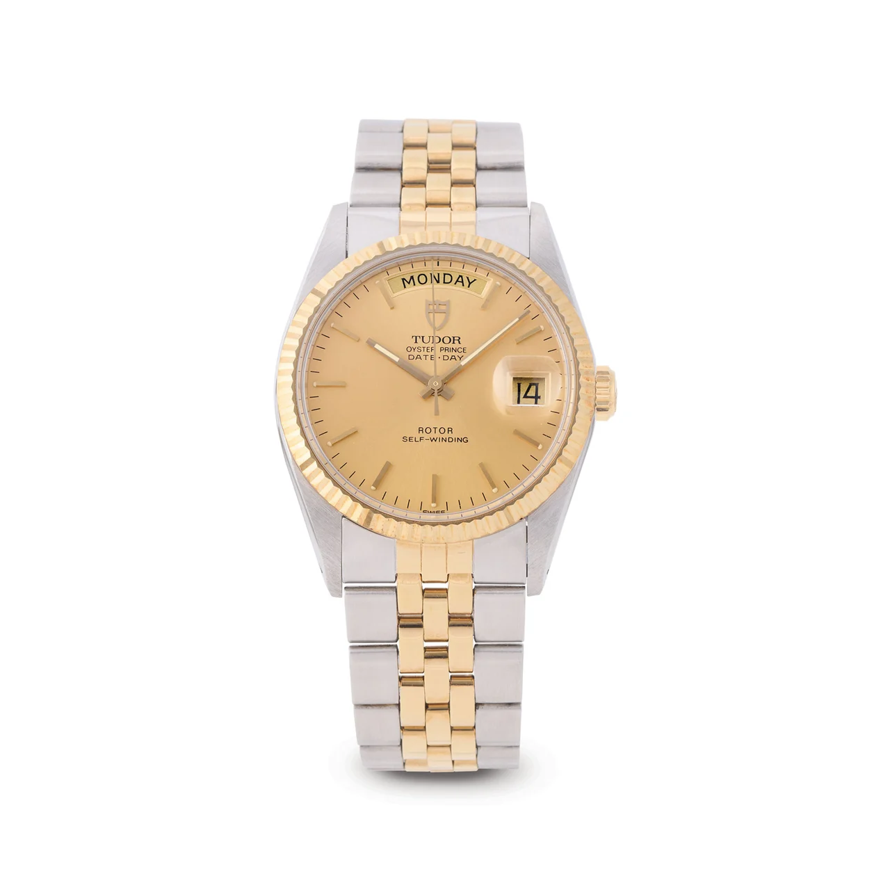 Tudor Ref. 94613, self-winding, centre-seconds, date, day, gilded dial, gold bezel; “Date-Day”; stainless steel and 18K yellow gold 36 mm kol saati